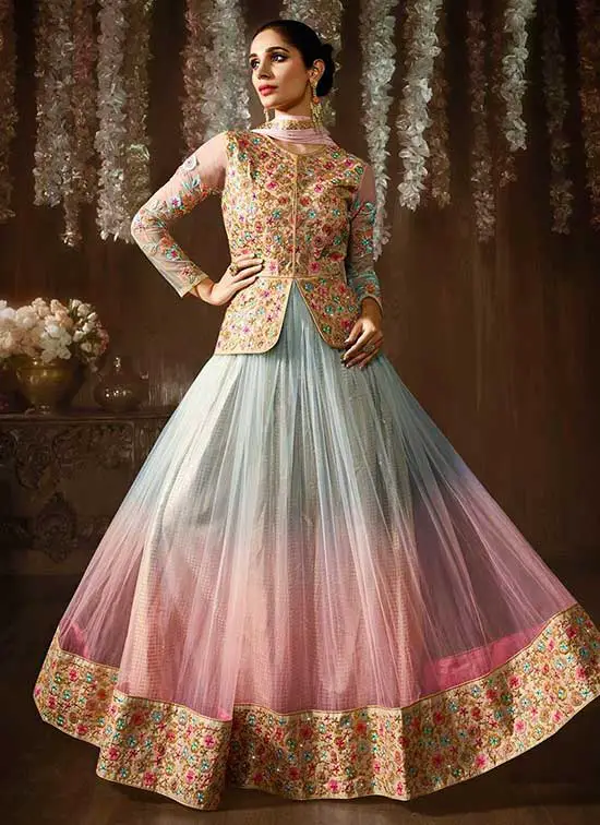 light blue and pink jacket style anarkali suit