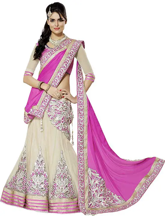 pink and off white colored georgette and net embroidered lehenga choli