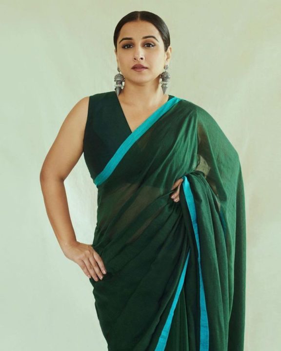 Vidhya Balan In The Bottle Green Saree With A Blue Border