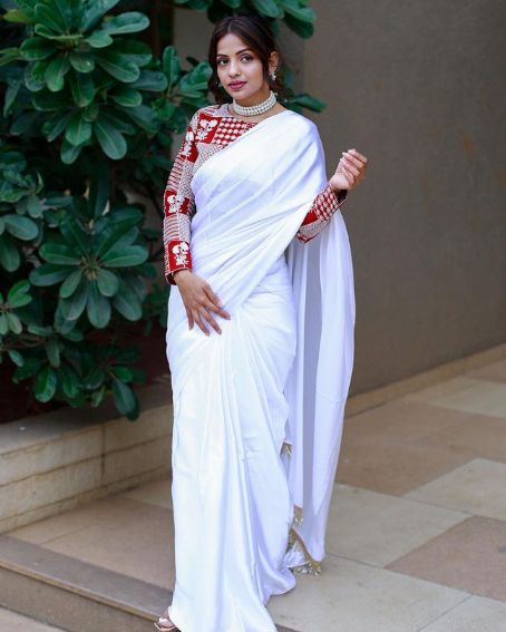 White Plain Saree With Red Designer Blouse