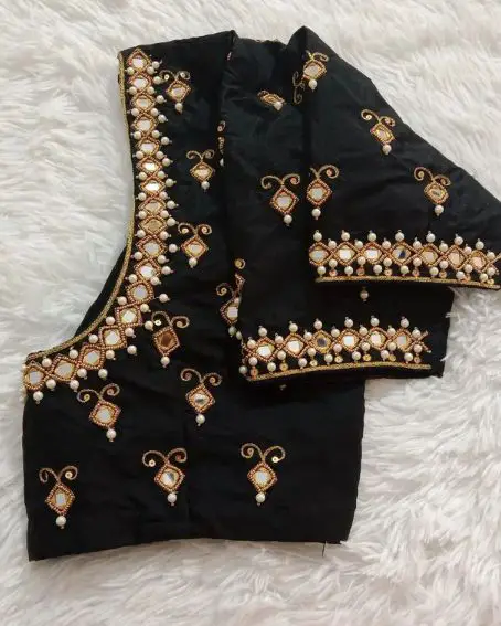 Maggam Work Black Mirror Blouse Design