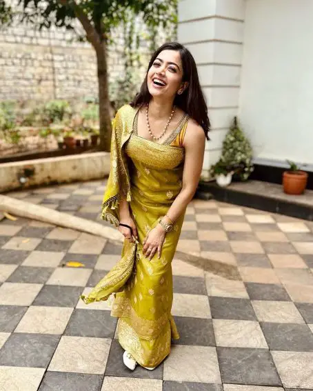 Rashmika Mandana Is Pale Green Slim Saree