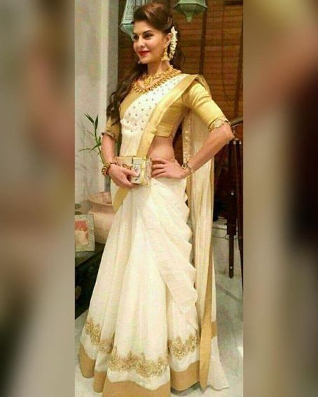 A Stunning Jaquelin Fernandez White And Gold Saree With