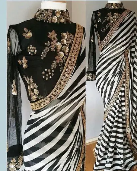 Black And White Stripes Plain Saree With Black Designer Blouse