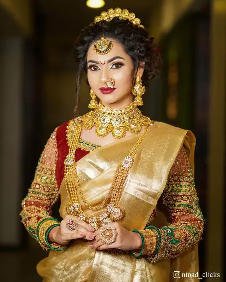 Gold Saree With Heavy Work Full Sleeve Bridal Blouse