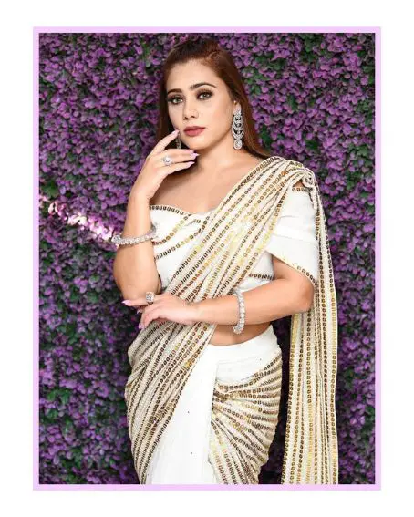 Fancy White And Gold Saree With Chamki Style
