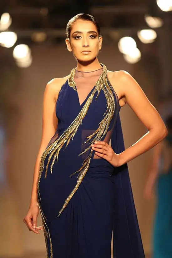 Midnight Blue Sari Gown with Golden Embellishments By Gaurav GuptaÂ