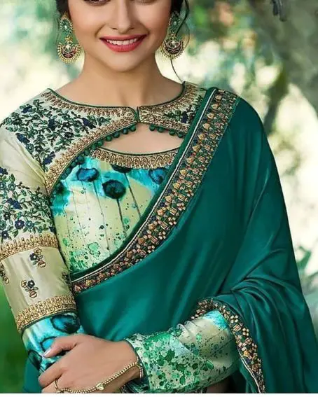 Amazing Designer Blouse With Green Plain Saree