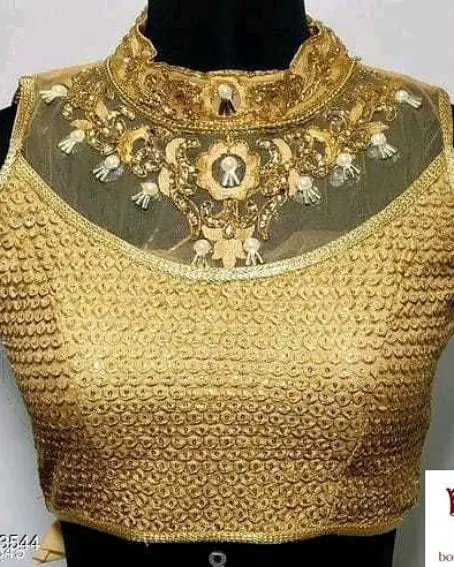 Gold Jewel Neck Sequins Work With Sleeveless Blouse