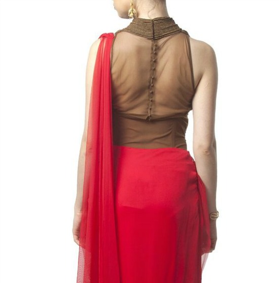 High Collar Back Button Net Drapped Blouse