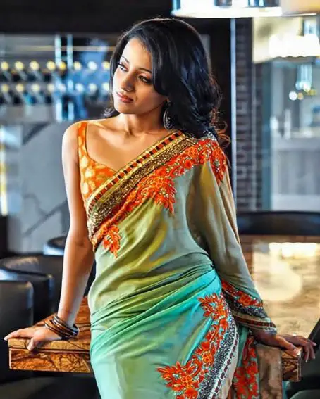 Trisha In Turquoise Green Embroidered Saree