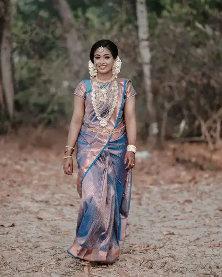 Blue And Gold Mix Kerala Wedding Saree And Blouse