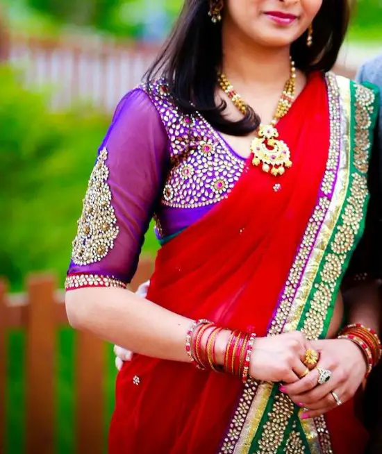 Kundan Work Sheer yoke Sleeve And Blouse