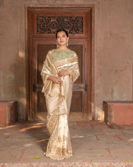 Golden Beige Banarasi Saree With Yoke Boat Neck Pistachio Green Sleeveless Blouse