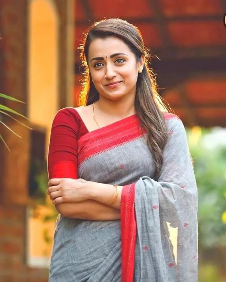 Trisha In Grey And Red Saree 