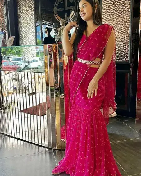 Pink Western Saree With Silver Waist Belt