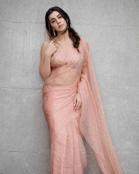 Nikki Galrani In Peach Color Transparent Slim Saree