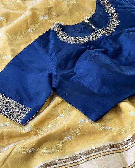 Golden Chanderi Silk Saree With Blue Maggam Work Blouse