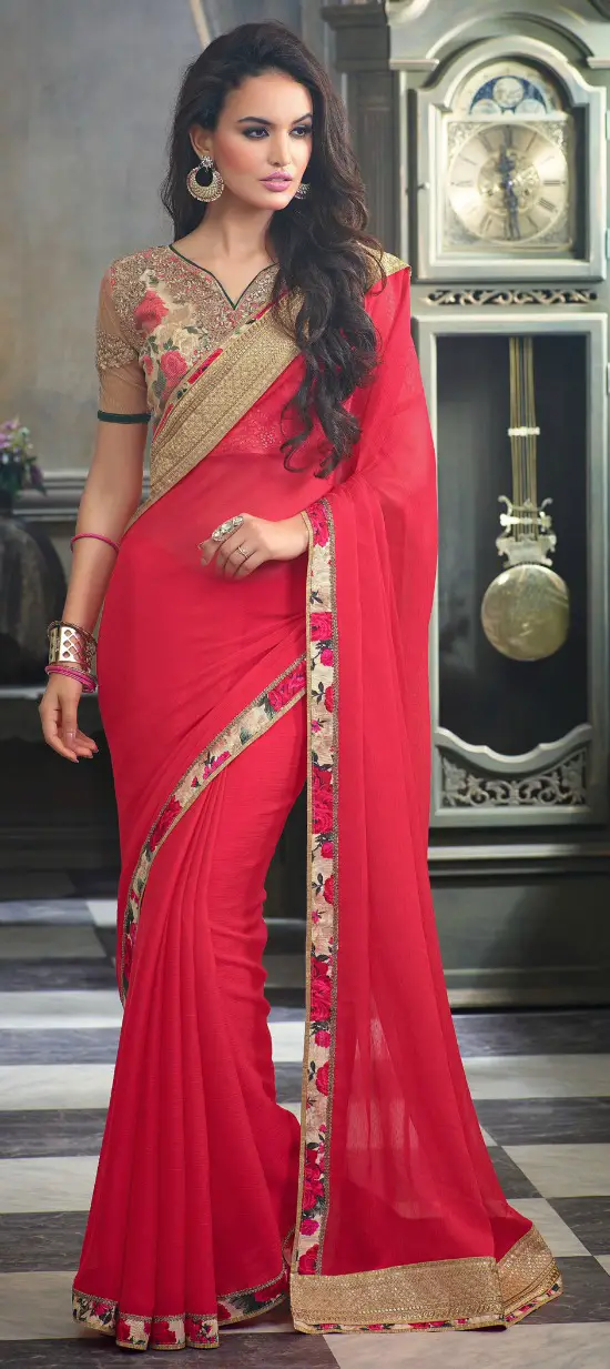 Red and Maroon Color Embroidered Party Wear Sarees in Faux Chiffon Fabric