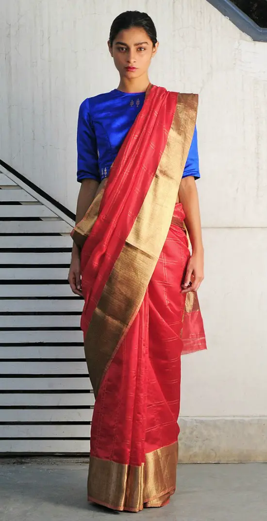 Sumatra Red Chanderi Handwoven Saree With Blue Blouse