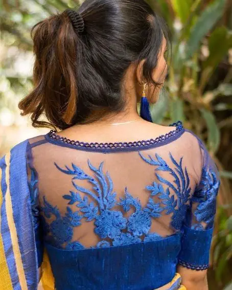 Half Net And Embroidery Blue Blouse