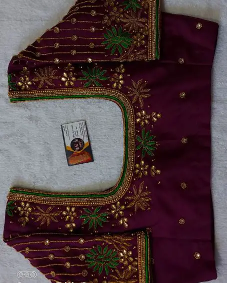 Purple And Green Embroidery Maggam Blouse Design