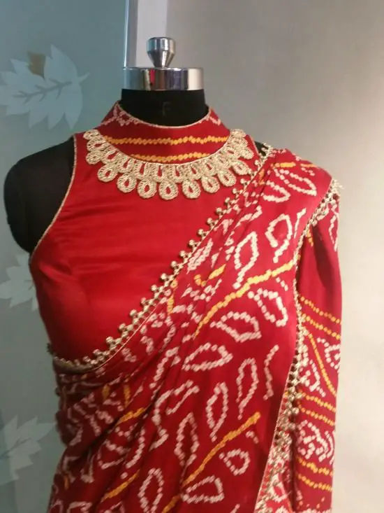 High Neck Blouse For Red Bandhej Saree