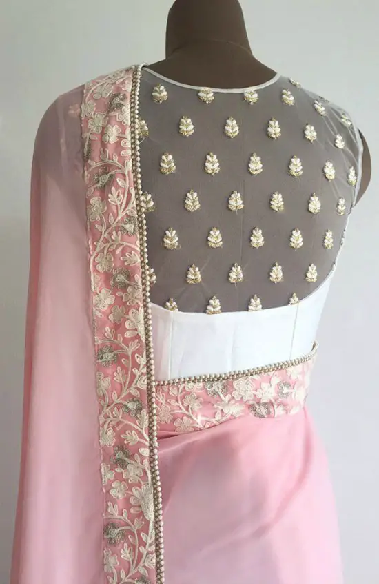 Sheer Yoke Blouse And Sequins Motifs On Back Of Blouse
