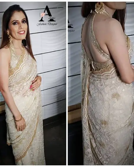 Off-white With Gold Border Saree With Halter Neck And Triangle Back Neck Gold Blouse