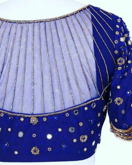 Blue Net Mirror Work Blouse Design