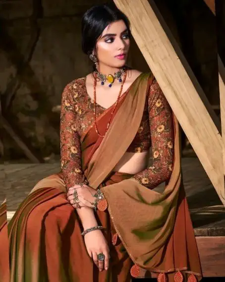 Brown Shades Beautiful Plain Saree With Brown Designer Blouse