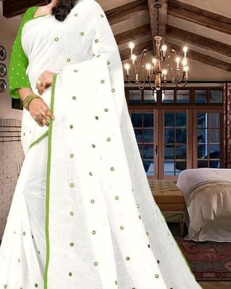 Parrot Green Full Sleeve Mirror Work Blouse With White Cotton Saree