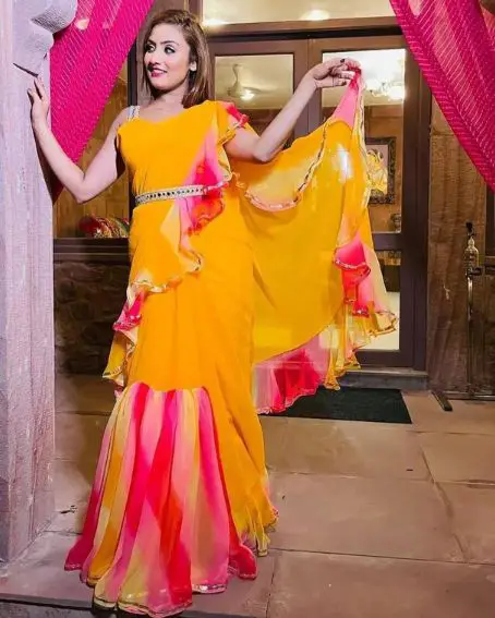 Yellow Ruffled Multi Color Western Saree