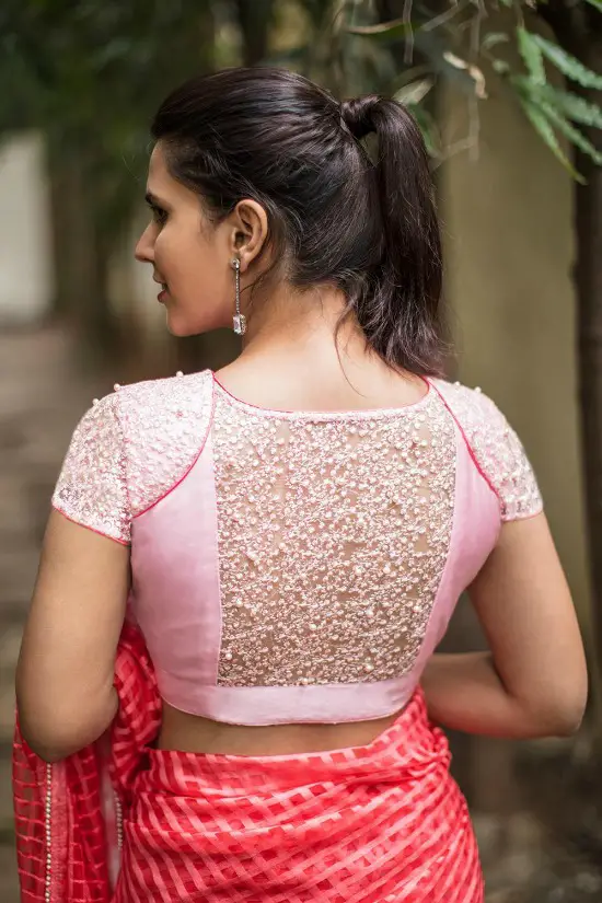 Pink Embroidered Stone Embllished Net Blouse