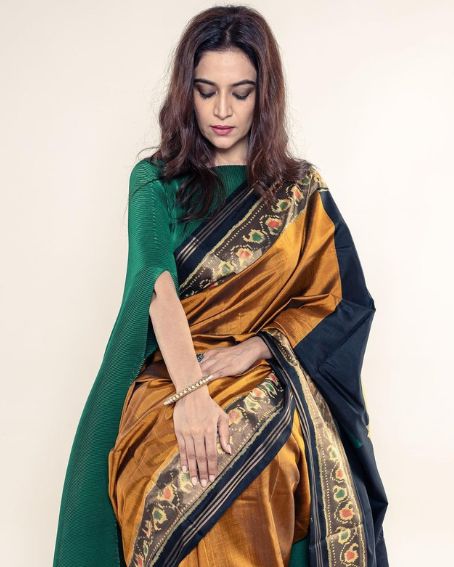 Gold Patola Saree In Ikkat Border And A Boat Neck And Partial Sleeve With Long Opening Blouse