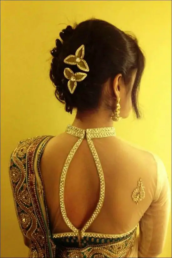 Net Back Button Lace Work Gold Blouse