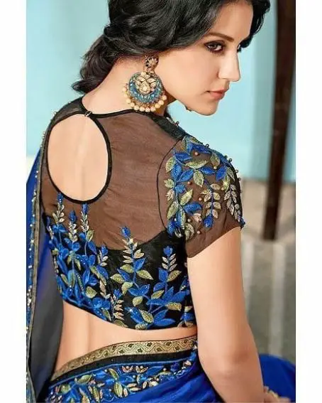 Black Net Blouse With Blue Golden Embroidery And A Round Open Cut On The Back