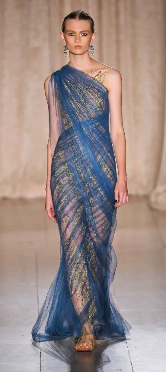 Grey Blue Tulle Sari Wrapped Over A Layer Of Embellished Gold