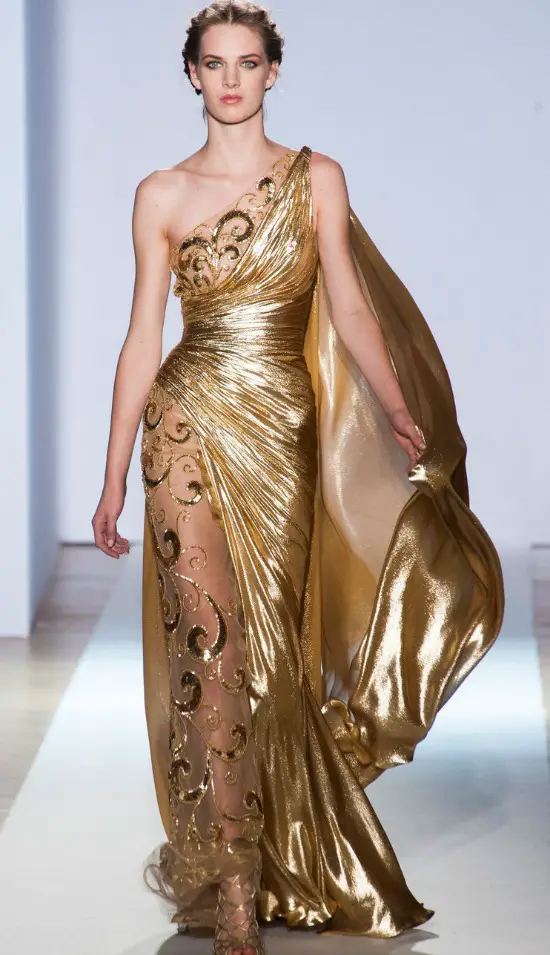 Gold Grecian Gown One Shoulder And Sheer Leg