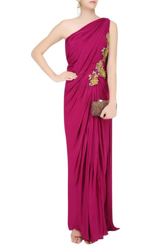 Burgundy 3D Floral Applique Work One Shoulder Saree Gown