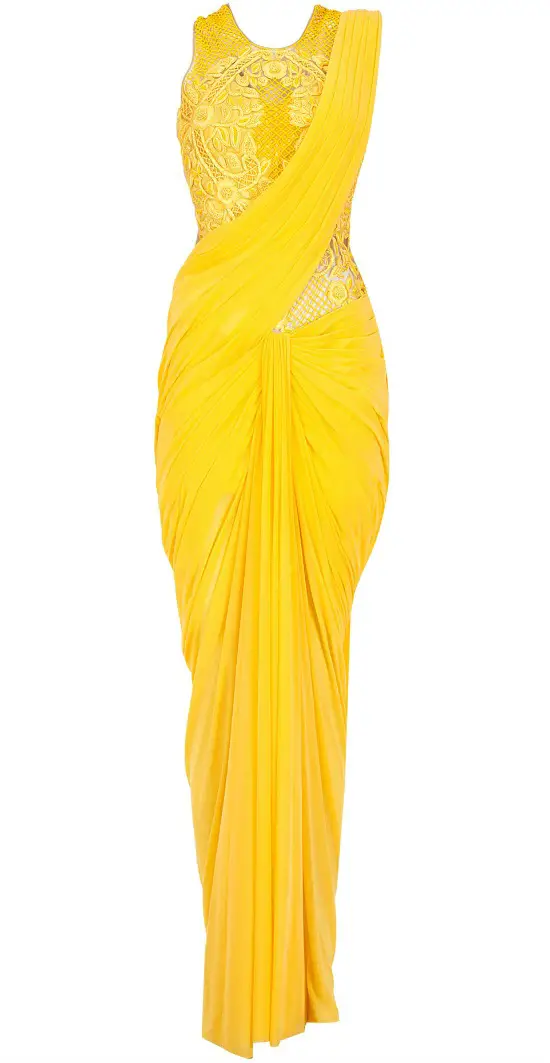 Yellow Embroidered Cowl Drape Pre Stitched Sari Gown