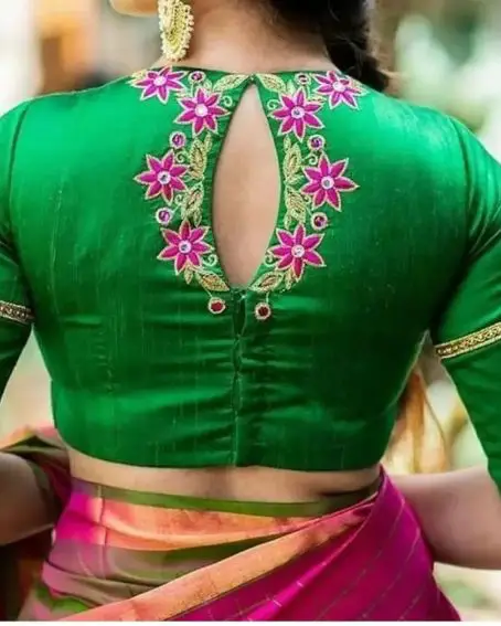 Green Color Blouse Back Neck Design With Simple Threading Work