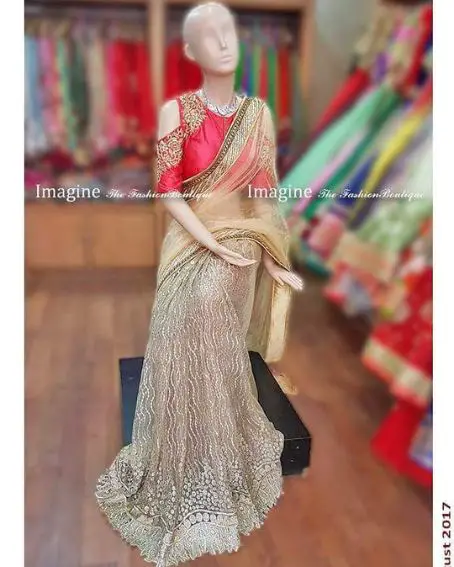 Half And Half Golden Saree With Pink Cold Shoulder Designer Blouse