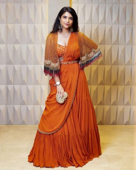 Fantastic Orange Coloured Frilled Saree Gown