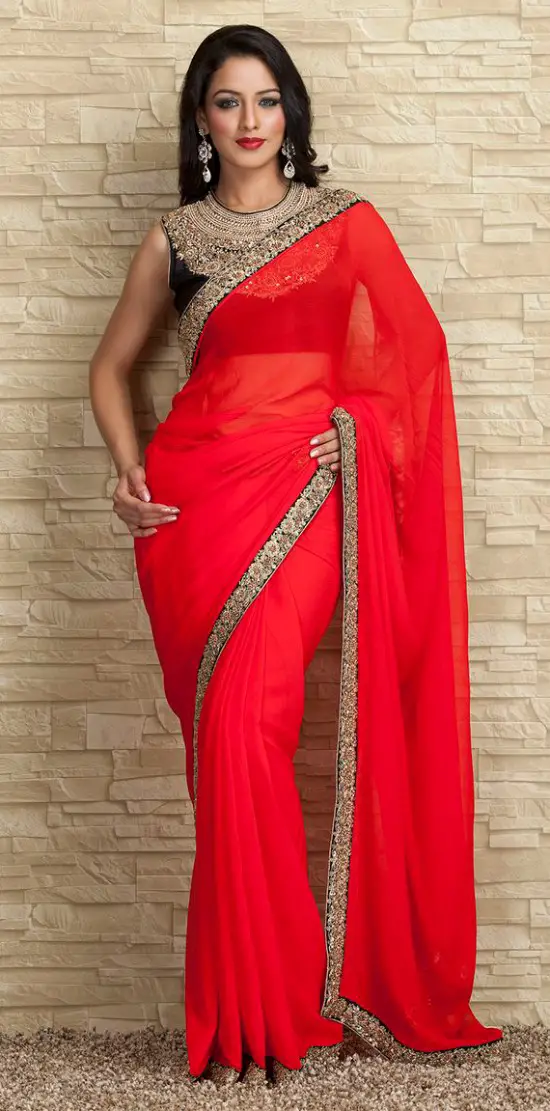 Red Georgette Saree With Black Closed Neck Blouse