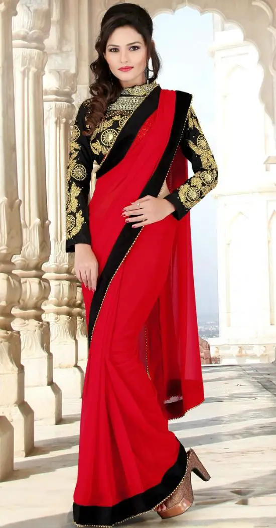 Venetian Red and Gold Velvet and Faux Georgette Resham and Zari Thread Embroidered Border Saree with Bead Work