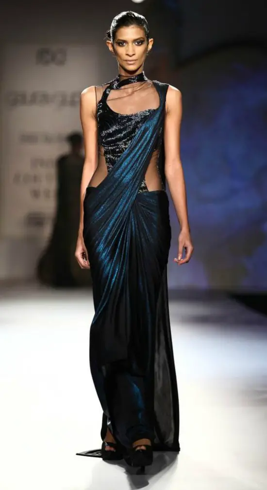 Teal Blue Shimmer Sari Gown