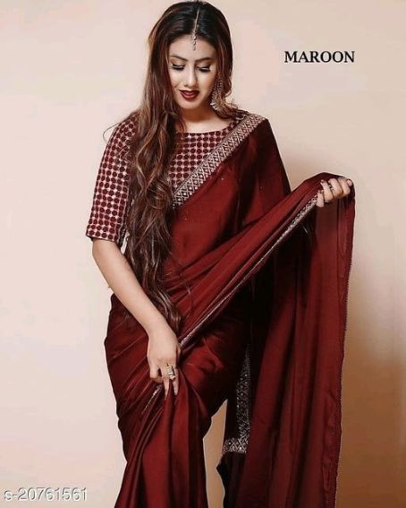 Maroon Plain Saree With Designer Blouse
