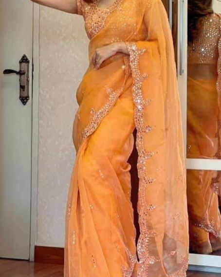Yellow Net Saree With Embroidery Mirror Work Border With Short Sleeves