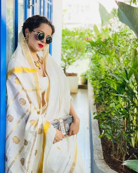 Vibrant Kangana Ranaut White And Gold Kerala Saree